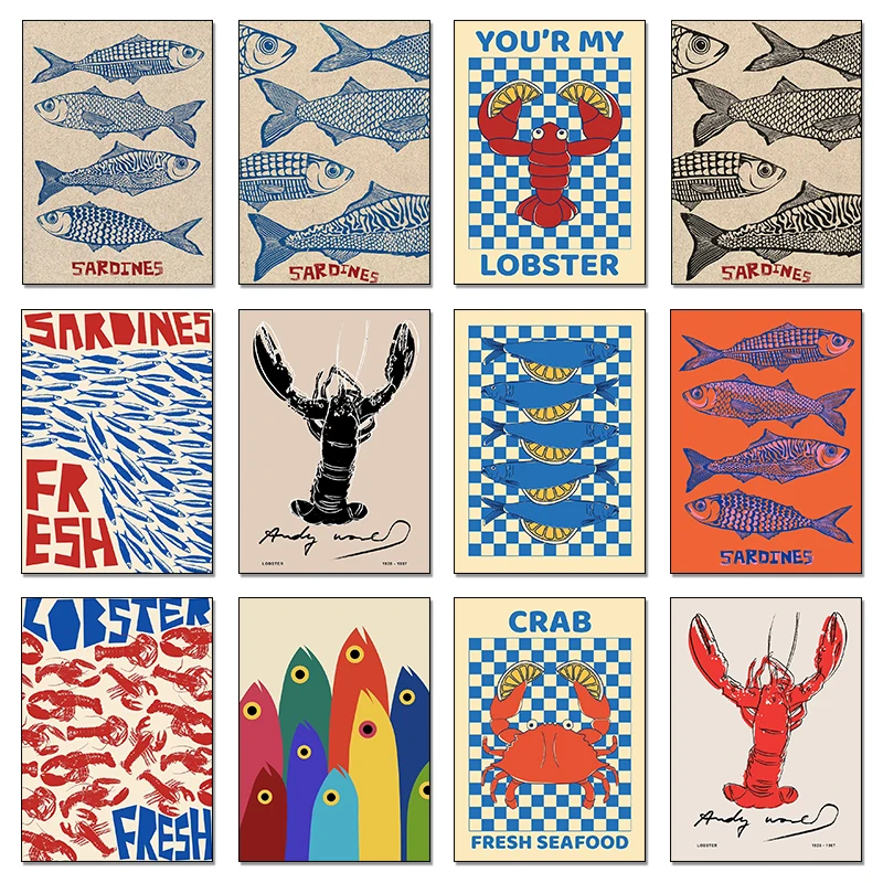 Resin Art Ocean - Buntes Poster mit Sardinen, Hummer, Krabben,