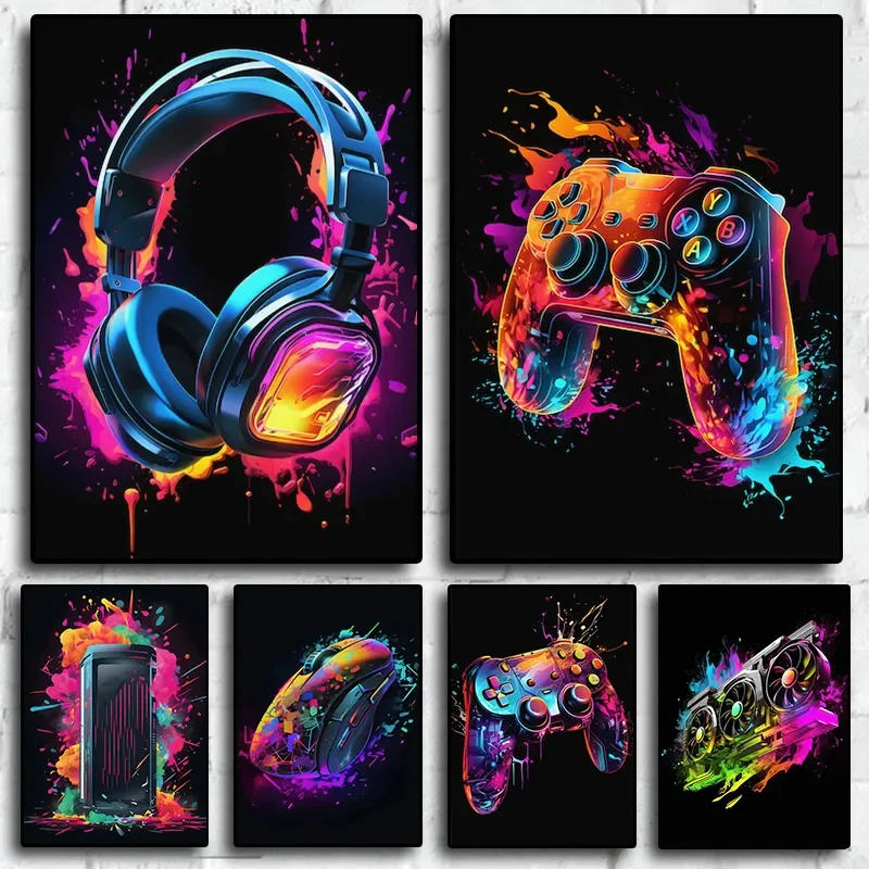 Resin Art Video - Pop Neon Videospiel-Charakter Poster Gamepad Kopfhörer